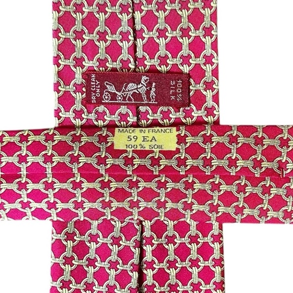 Authentic HERMES 100% Silk Berry Red & Gold Buoy Chain Neck Tie - Picture 3 of 5